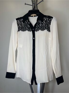 Michael Kors Collection Silk Lace-Yolk Blouse Runway Cream Black Sz 0